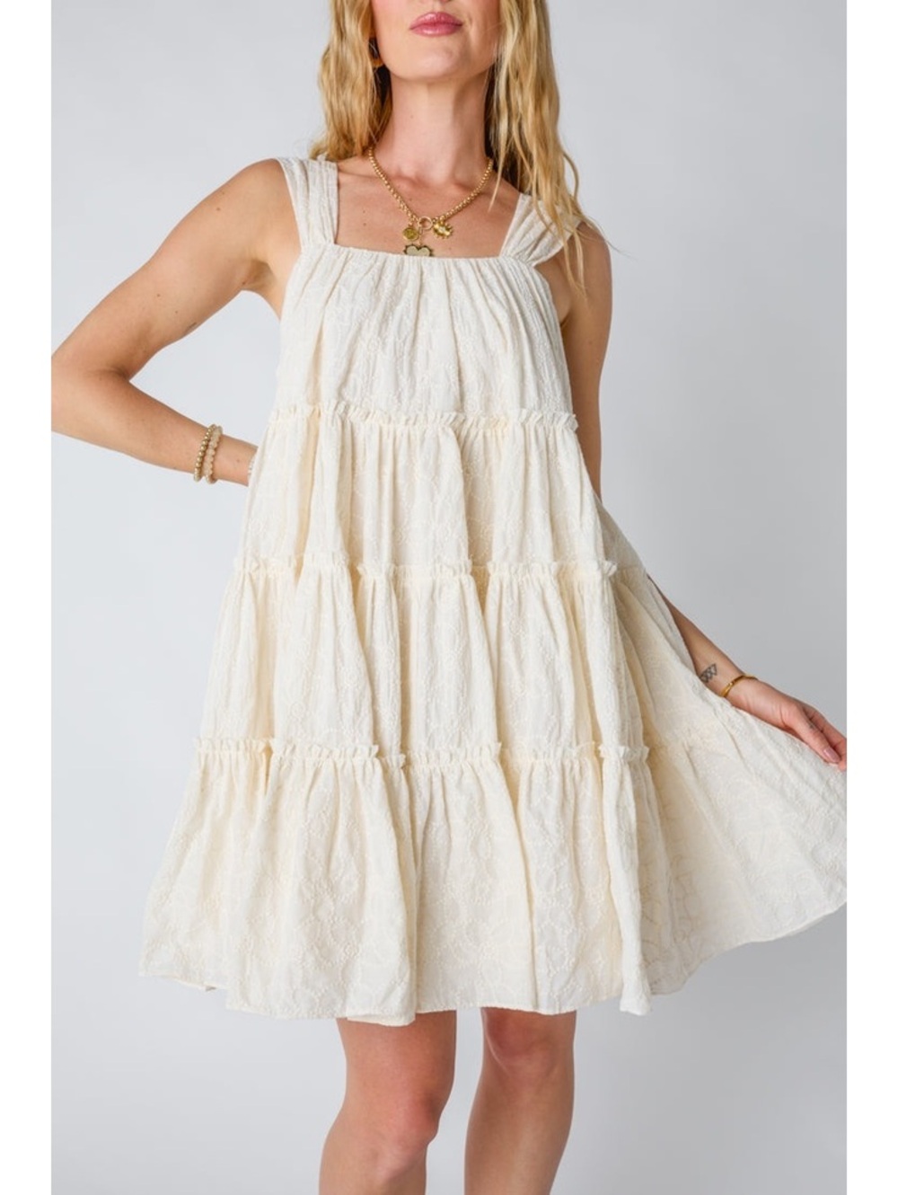 Vestique Milan Mini Dress M Ivory 100% Cotton Tiered Textured Babydoll